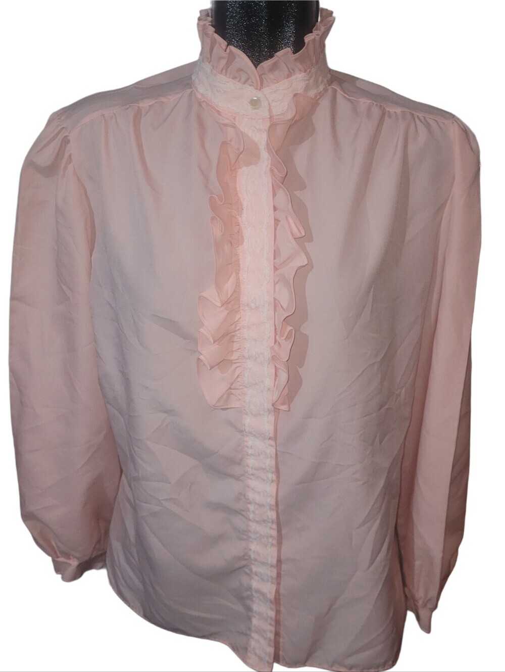Vintage 70's - 80's Light Pink Button-Up Ruffled High-Neck Blouse